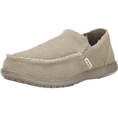 Elevate your casual shoe game with these Crocs Santa Cruz Canvas Slip On Loafers. The khaki beige color and solid pattern make them a versatile addition to any outfit. The round toe and pull-on closure provide comfort and ease while the cotton blend upper material and rubber insole material ensure durability. These slip-on loafers feature minimal cushioning, lightweight design, and breathable fabric. The stretch fabric outsole material provides added comfort and the vegan design makes them perfect for any casual occasion. With a product line of Santa Cruz, you can be sure of the quality and style of these shoes. Casual Low-top Slip-resistant Loafers, Casual Slip-resistant Low-top Loafers, Casual Solid Color Slip-ons, Comfortable Beige Loafers With Rubber Sole, Casual Flat Slip-ons With Slip-resistant Sole, Casual Slip-on Slip-resistant Loafers, Casual Slip-resistant Flat Slip-ons, Casual Beige Plain Toe Loafers, Beige Casual Loafers With Cushioned Footbed