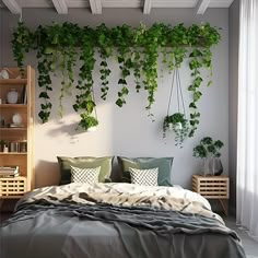 a bed covered in lots of green plants next to a window