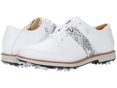 FootJoy DryJoys Premiere - Women's Shoes : White/Croc : Dominate the competition with the pure fit and waterproof performance of the FootJoy DryJoys Premiere golf shoes. FootJoy golf shoes with membrane-free waterproof full grain Pittard leather uppers. Lightly padded tongue and collar for comfort. Innovative Estane TPU outsole for added traction and stability. Ortholite EcoPlush FitBed for a stable and comfortable stride. Also removeable for custom needs. Low profile Softspikes cleats. Super so White Slip-resistant Golf Shoes With Round Toe, Leather Golf Shoes, Sporty Style, Leather Sporty Golf Shoes, White Leather Golf Shoes, White Golf Shoes With Branded Insole, Golf Shoes Women, Best Golf Shoes, Footjoy Golf Shoes, Footjoy Golf