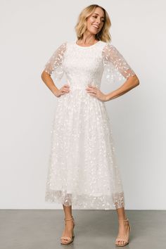 Kendra Embroidered Dress | White Modest Engagement Dress, 90s Mom Outfit, Eternal Marriage, White Embroidered Dress, Destination Dress, Baltic Born, Tulle Sleeves, Fall Winter Dresses, Embroidered Tulle