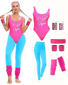 PRICES MAY VARY. Package includes: 1 piece retro 80s/90s swimwear, 1 pair of Neon Legging, 1 pair of Sweatbands (Headband/Wristband Set), 1 pair of magnetic tape Cassette earrings,1 Pair Leg warmers,complete your demands on 80's costume accessories Material:This Swimwear 98% Nylon, with pad,swimsuits are not see-through,the colour in this material will not fade. Legging is cotton soft to touch, stretchable and flexible, lightweight and breathable, comfortable to wear them all day. 80s Party acce 90s Swimwear, Workout Costume, 80s Workout Costume, Outfit 80s, 80's Costume, 80s Halloween Costumes, Bright Leggings, 80s Accessories, 80s Party Outfits