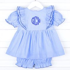 Add a sweet pop of color this fall with our adorable Light Blue Gingham Alice Bloomer Set! The charming light blue gingham top features a playful waterfall ruffle with navy picot trim details. Paired with matching light blue gingham bloomers, this set is the perfect choice for a fun and stylish day out. Plus, you can add a personalized monogram to make it uniquely yours!