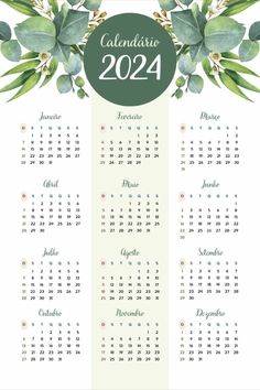 a calendar for the new year with green leaves and flowers on it, in spanish