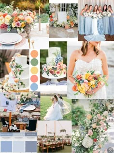 a collage of different wedding colors and flowers in shades of blue, pink, orange, yellow