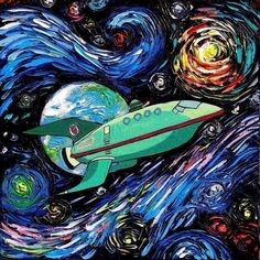 a painting of a space shuttle flying through the night sky with stars and swirls around it