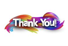 the words thank you written in rainbow colors on a white background with an abstract wave