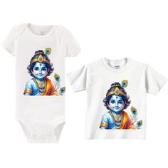 Adorable Little Krishna Bodysuits and Shirts for Everyone! --------------------------------------------------------------------------- Celebrate the divine playfulness of Lord Krishna with our clothing. Whether you're dressing up your little one or yourself, our comfortable and stylish bodysuits and shirts are perfect for devotees of all ages. Crafted with love, each piece features an intricate design inspired by Krishna's enchanting stories. Gift these unique pieces to friends, family, or fellow devotees. Nice to dress up for festivals, temple visits, or everyday wear. Perfect for Janmashtami celebrations, puja ceremonies, and spiritual gatherings. White Character Print Onesie For Summer, Summer White Onesie With Character Print, White Short Sleeve Sets With Character Print, White Cotton Sets With Character Print, White Printed Sets For Playtime, White Graphic Print Sets For Playtime, Playful White Sets Suitable For All Genders, Playful Unisex White Sets, Playful White Unisex Sets