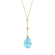 Ross-Simons - 10.00 Carat Sky Blue Topaz Y-Necklace in 14kt Yellow Gold. 18". Add a dash of elegance to your day with this stunning Y-necklace. A 10.00 carat pear-shaped sky blue topaz is eye-catching beneath 3-4mm gold spacer beads stationed on a 14kt yellow gold rope chain. Springring clasp, sky blue topaz Y-necklace. Blue Topaz birthstones are the perfect gift for December birthdays. Topaz Birthstone, Gold Rope Chains, Gold Sign, Topaz Necklace, Sky Blue Topaz, Necklace Necklace, Swiss Blue Topaz, Topaz Stone, Fine Jewellery Necklace