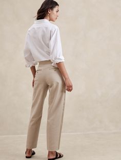 Linen-Blend Tuxedo Taper Pant | Banana Republic Factory Summer Elegant Ankle-length Chinos, Elegant Summer Ankle-length Chinos, Elegant Straight Leg Dress Pants For Office, Formal Relaxed Fit Wide-leg Pants, Timeless Wide Leg Pants For Workwear In Spring, Elegant Formal Pants With Relaxed Fit, Solid Color Wide Leg Pants For Formal Occasions, Elegant Beige Bottoms For Workwear, Elegant Beige Pants