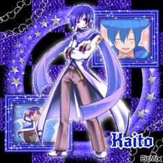 an anime character with purple hair and blue eyes, standing in front of a frame