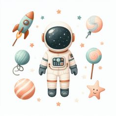 an astronaut is surrounded by space related items