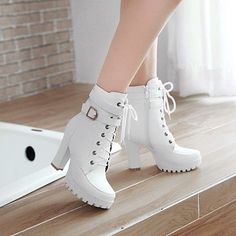 Martin Boots 2020 New Thick Heel High Heel Women Winter Plus Velvet Short Boots D3574 from Eoooh❣❣ Sepatu Platform, Ankle Boots Lace, Trendy High Heels, Louis Vuitton Shoes Heels, Mode Shoes, Dr Shoes, Kawaii Shoes, Women Ankle Boots, Womens Stilettos