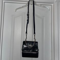 Black Silver Hardware Turn Lock Opening Zip Around Bottom Compartment Long 21” Drop Removable Strap Handle Chain Strap Can Be Worn Shoulder Strap Or Crossbody Faux Leather Croc Embossed Nwt Black Satchel With Metal Hardware For Evening, Black Evening Satchel With Metal Hardware, Chic Evening Box Bag With Branded Hardware, Black Square Satchel For Party, Black Formal Shoulder Bag With Chain Strap, Black Satchel With Zipper Closure For Party, Black Satchel With Chain Strap For Office, Black Box Bag With Chain Strap For Evening, Trendy Formal Box Bag With Branded Hardware