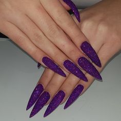 Dark Purple Glitter Nails Acrylic, Gigi Nails, Bandana Nails, Purple Gel Nails, Purple Glitter Nails, Long Stiletto Nails, Glitter Nails Acrylic, Gel Toe Nails, Purple Acrylic Nails