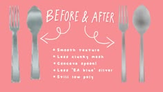 the words before and after are written in white on a pink background with silverware