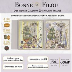 an ad for the bone to fiou calendar with pictures of dogs and trees on it