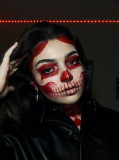 Red Skeleton Makeup, Halloween Makeup Red, Red Skull Makeup, Red And Black Skeleton Makeup, Red Halloween Makeup, Cool Halloween Makeup