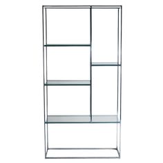 a metal shelf with glass shelves on each side and three shelves below it, against a white background