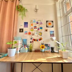 a desk with pictures and plants on the wall above it, in front of a window