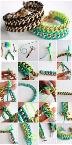 the instructions for making bracelets with beads and chains are shown in several different ways