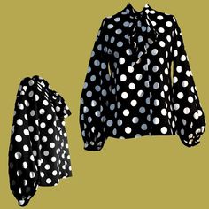 Mod Retro 60s-Style Bishop Sleeve Button Up  Polka Dot Tie Blouse  * size small excellent condition Elegant Polka Dot Blouse With Buttons, Retro Black Button-up Blouse, Elegant Polka Dot Top With Buttons, Classic Fitted Polka Dot Blouse, Chic Polka Dot Blouse With Buttons, Vintage Tailored Polka Dot Blouse, Vintage Polka Dot Blouse For Work, Vintage Polka Dot Blouse For Workwear, Fitted Vintage Polka Dot Blouse