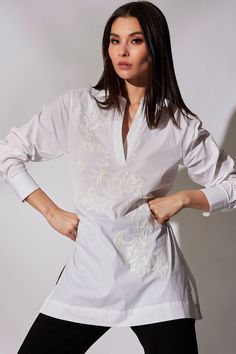 Cotton Poplin Embroidered Tunic Shirt Luxury White Cotton Blouse, Elegant White Blouse For Loungewear, Luxury Summer Blouse For Daywear, Luxury Embroidered Cotton Tops, Luxury Summer Tops For Daywear, Plus Size Resort Wear, Bridal Chemise, Bridal Swimwear, Bridal Pajamas