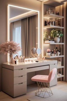 a vanity with a mirror, stool and lights