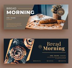 two banners for bread and coffee are displayed on a table with pastries in the foreground