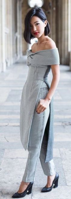 Toni Maticevski top and trousers, Chanel shoes - 2014 - Paris Off Shoulder Suit, Gingham Trend, Gary Pepper, Jacket Dresses, Classy Clothing, Elegant Jacket, Mode Chanel, Black And White Gingham