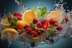 fruit is splashing into the water with leaves and berries on it, as well as oranges, raspberries, lemons, blueberries and mint