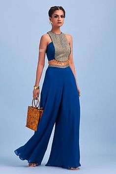 Shop for DiyaRajvvir Blue Modal Embroidered Crop Top And Pant Set for Women Online at Aza Fashions Crop Top And Pants Set, Crop Top Pants Set, Haldi Outfit, Embroidered Crop Tops, Traditional Indian Outfits, Top And Pants Set, Indian Designer Outfits, Indian Outfit, Designer Dresses Indian