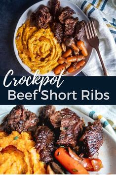 crockpot beef short ribs on a plate with carrots and mashed potatoes