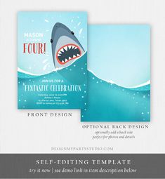 a card with an image of a shark in the ocean and text that reads, self - editing template