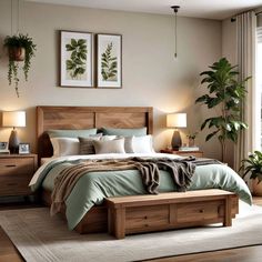 a bedroom with a bed, nightstands and plants on the wall above it in front of a window