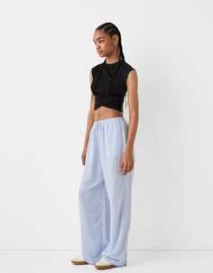 Straight-fit striped pants with elastic waist. Available in light blue, pink, blue, brown. Popular Clothing Brands, Popular Clothing, Pants With Elastic Waist, Dream List, Trending Sandals, Clothing Brands, Socks And Tights, Striped Pants, Blazer Coat