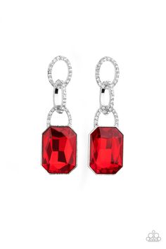 An oversized red emerald-cut rhinestone swings from the bottom of white rhinestone encrusted links, creating a gorgeously dramatic lure. Earring attaches to a standard post fitting. Sold as one pair of post earrings. P5PO-RDXX-024XX Paparazzi Accessories Jewelry, Fish Hook Earrings, Paparazzi Accessories, Red Earrings, White Rhinestone, Paparazzi Jewelry, Rhinestone Earrings, Blue Earrings, Boutique Jewelry