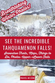 the front cover of a book with an image of a waterfall and snow covered trees