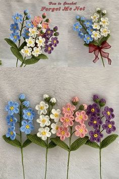 crocheted flowers are arranged in different colors