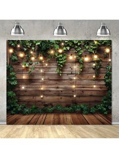 an image of a wooden wall with lights and ivys on the wood paneling