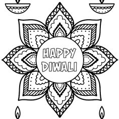 happy diwali coloring page with flowers and candles in the background for adults to color