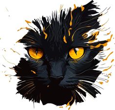 a black cat's face with yellow eyes is shown in this artistic painting style