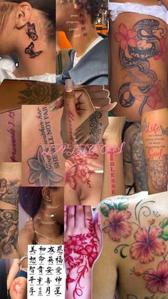 many different tattoos on the back of women's bodies and hands, all with chinese writing