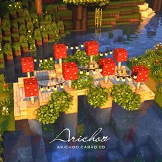 Minecraft Builds For Your World, Cottage Bridge Minecraft, Minecraft Alice In Wonderland Ideas, Fairy Building Minecraft, Minecraft Fairy Bridge Ideas, Fairy Mushroom Minecraft, Minecraft Fairycore Bridge, Aesthetic Fall Minecraft Builds, Minecraft Mushroom Aesthetic