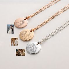 ~~Custom Cartoon Portrait Necklace ~~ Send us your photo and we will transform it to a cartoon or comic drawing to be engraved on a disc pendant necklace. Perfect for pet lovers, newlyweds, families, and couples, this unique piece is an ideal gift for celebrating the special moments and loved ones in your life. Carry a precious memory close to your heart with a necklace that tells your story. SPECIFICATIONS * Material: Stainless Steel, with plated Silver, 18k Gold, Rose Gold * Dimensions: Disc s Portrait Jewelry, Portrait Necklace, Picture Necklace, Picture Engraving, One Line Drawing, Photo Necklace, Photo Engraving, Disc Pendant, Disc Necklace