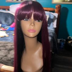 Cute 30 Inches With Burgundy Color Very Long And Tangle Free Bang Wig, Hair Bang, Wig Color, Womens Wigs, Burgundy Color, Hairstyles With Bangs, Tangled, Wig Hairstyles, Womens Hairstyles