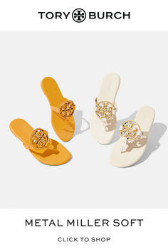 Our best-selling sandal under $250. The Metal Miller Soft with gold logo hardware. Luxury Sleek Metallic Sandals, Luxury Gold Synthetic Sandals, Summer Slide Sandals With Logo, Gold Slide Footbed Sandals With Buckle, Luxury Gold Metallic Leather Sandals, Miller Sandal, Designer Totes, St Kitts And Nevis, Gold Logo