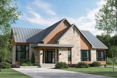 this is a computer rendering of the front elevation of a modern house with stone and metal accents