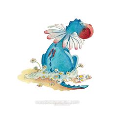 a watercolor painting of a blue dragon sitting on the ground with daisies around it