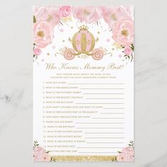 a pink and gold princess baby shower request card with roses on it, in front of a marble background