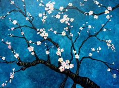 a painting of a tree with white flowers on it's branches and blue sky in the background